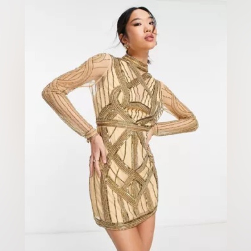 ASOS DESIGN Baroque embellished mini dress in gold